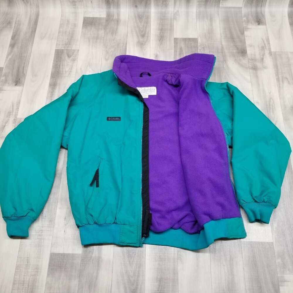 ✅Mens L VTG Columbia Jacket Teal Fleece Lined Retro Y2K Winter Ski Coat *STAIN - Picture 2 of 15